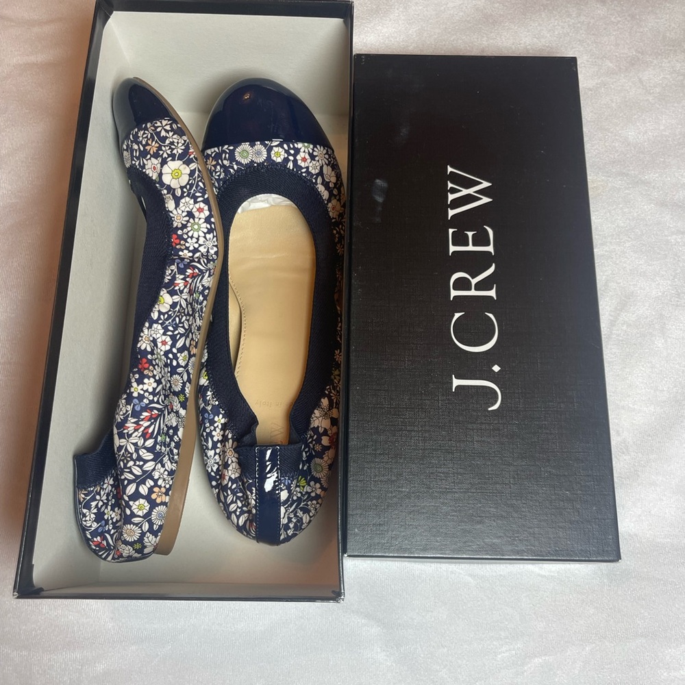J. Crew Navy Floral Cap-Toe Ballet Flats Size: 10